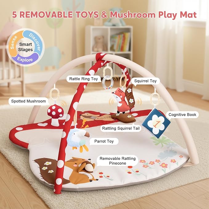 3-in-1 Baby Play Mat & Baby Seats for Infants for Sitting Up, Tummy Time Gym Activity Mat with 5 Detachable Toys, for Babies 0-6-12-18 Months, Newborn Babies Shower Gifts(Red)