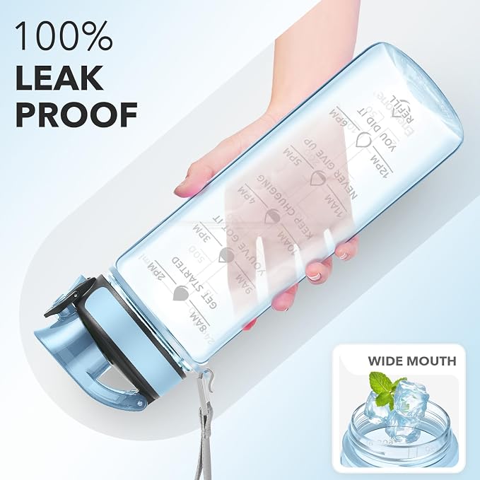 Enerbone Water Bottle, Leakproof BPA & Toxic Free, Motivational Water Bottle with Times to Drink and Straw, Fitness Sports Water Bottle with Strap for Office, Gym, Outdoor Sports