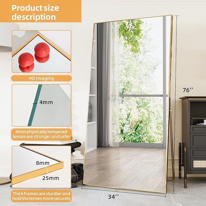 LFT HUIMEI2Y 76"x34" Full Length Mirror, Gold Floor Mirror | Tempered Oversized Mirror Full Body with Aluminum Alloy Frame; Standing, Leaning, or Wall Mount for Bedroom, Living Room