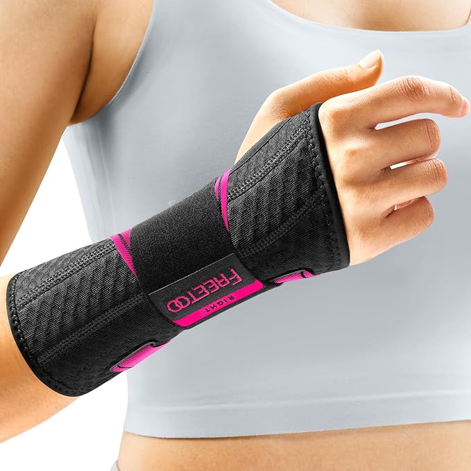 FREETOO Carpal Tunnel Wrist Brace Night Support.Pink,Right Hand,S/M | Wrist Splint,Hand Brace,Tendonitis,Sprain,Arthritis;Sleeping,Work,Type;Breathable,Adjustable;Metal Plate,One-Step Wear