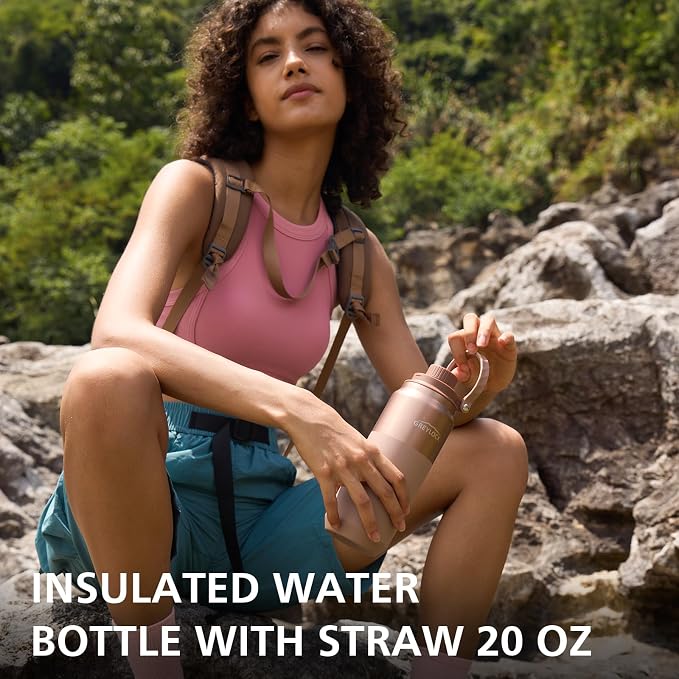 Greylock 20 oz Insulated Water Bottle with Straw Lid, Reusable Stainless Steel Sports Water Bottles with Foldable Handle, Leak Proof, Double-Wall Vacuum Insulation, 24 Hours Cold (Black)
