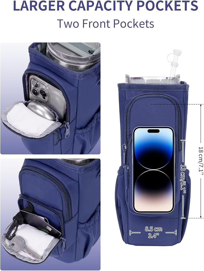 sportsnew 30/40oz Crossbody Water Bottle Holder Anti-Tip Tumbler Carrier | Lightweight Bottle Sling Fits Handled Tumbler w/ Phone Pocket, Adjustable Strap, Insulated Lining, Hands-free for Hiking Gym