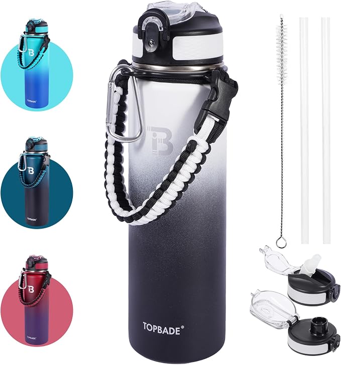 TOPBADE 32oz Insulated Water Bottle with Straw Lid & Spout Lid & Paracord Handle, Stainless Steel Water Bottle Wide Mouth, Double Wall for Women Men Gym Fitness Outdoor