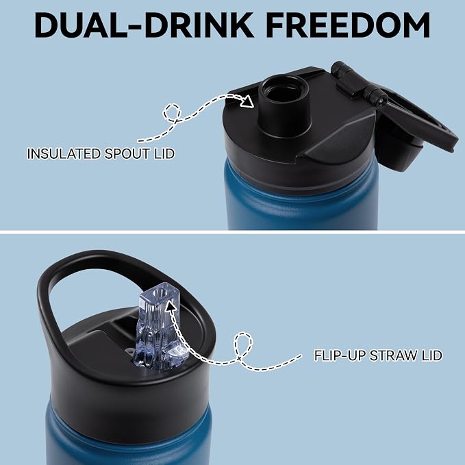 16 oz Insulated Water Bottle for School, Straw & Spout Lid, Keep Cold 24H, Spill Proof, BPA-Free, Double Wall Stainless Steel Kids Water Bottles for Sports, Gym, Travel, Blue Black Gradient