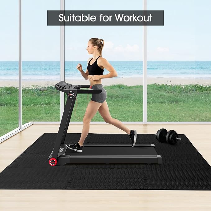 Tangkula 48 Tiles Exercise Flooring With Border, Non-Slip EVA Foam Protective Mats, Elastic Puzzle Play, 1/2" Interlocking Floor for Home Gym, Fitness Room, Workshop Equipment (Black)