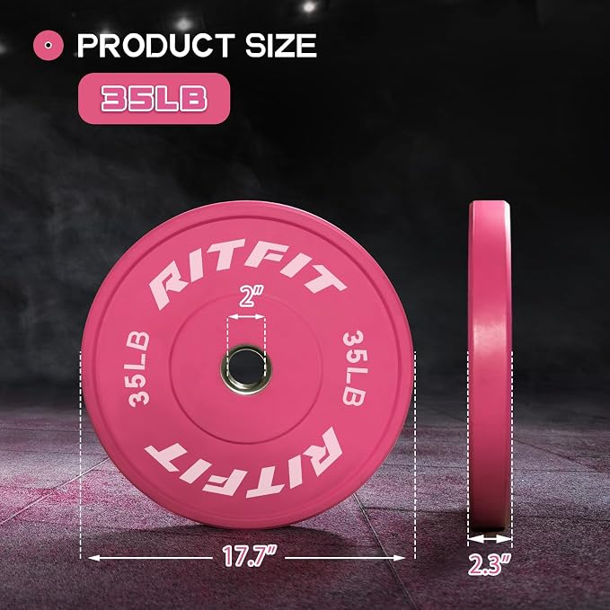 RITFIT Pink Olympic Bumper Plates with Steel Insert for Home Gym | High-Density Rubber with Low Bounce, 2-Inch Olympic Bore with Steel Insert, Pink Color for Strength Training