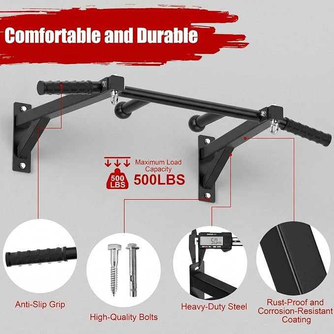 Upgrade Wall Mount Pull Up Bar, Heavy Duty Steel PullUp Bar Fits 24'' Wood Studs, Multi Grip Pull Up Bar with Ball Finger & Round Rings, for Home Gym Garage Basement Strength Training Chin Up Bar
