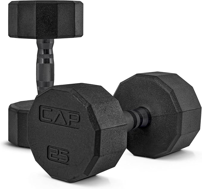 CAP Rubber Coated Dumbbell Weights, Free Weights for Home Gym Strength Training, Anti-Roll Hex Dumbbells with Black, Chrome & Comfort Grip Handles, Pairs & Sets