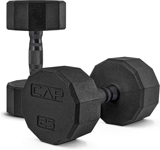 CAP Rubber Coated Dumbbell Weights, Free Weights for Home Gym Strength Training, Anti-Roll Hex Dumbbells with Black, Chrome & Comfort Grip Handles, Pairs & Sets
