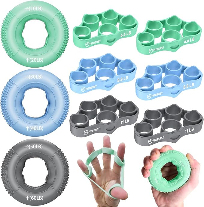 FitBeast Grip Strength Trainer, Finger Exerciser, Forearm Strengthener 9-Piece Kit, Hand Grip Strengthener Targeted Strength, Relief & Recovery