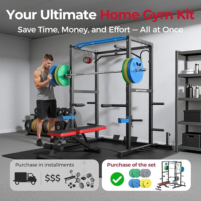 SPORTSROYALS Power Rack, Multi-Functional Power Cage, Squat Rack with Pulley System & LAT Pull Down, Workout Cage with J Hooks for Home Gym