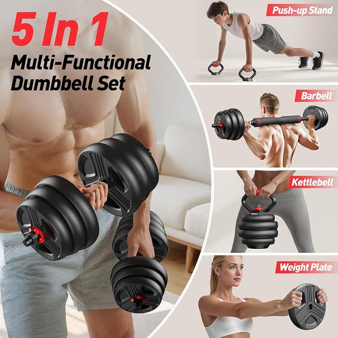 FITPLAM Adjustable dumbbell set,20/35/45/55/70/90lbs Free Weights set with upgraded nut, 5 in 1 Weight Set Used as Kettlebells, Barbell, Push up Stand, Fitness Exercise for Home Gym Suitable Men/Women