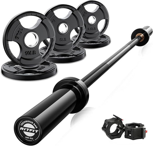 RitFit Barbell Weight Set - 4/6FT Olympic Barbell with Weight Plates (55-115LB Total) - Weightlifting Equipment for Squats, Curls, Deadlifts, Presses, Hip Thrusts