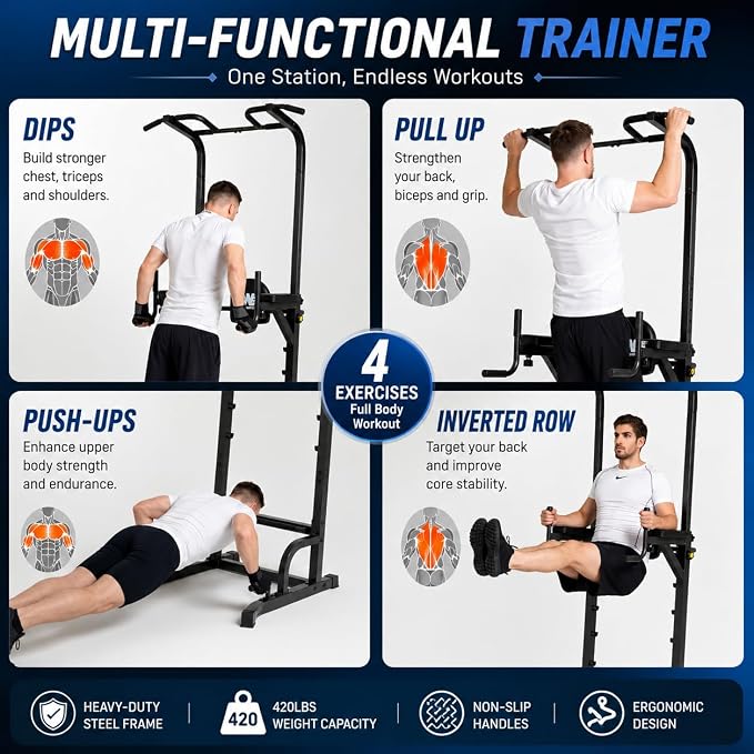 BARWING Pull Up Bar Station, Power Tower, Dip Station with 3D Backrest, Multi-Function Strength Training Stand Rack, Adjustable Height Dip Bar for Home Gym Workout Stand Fitness Exercise Equipment