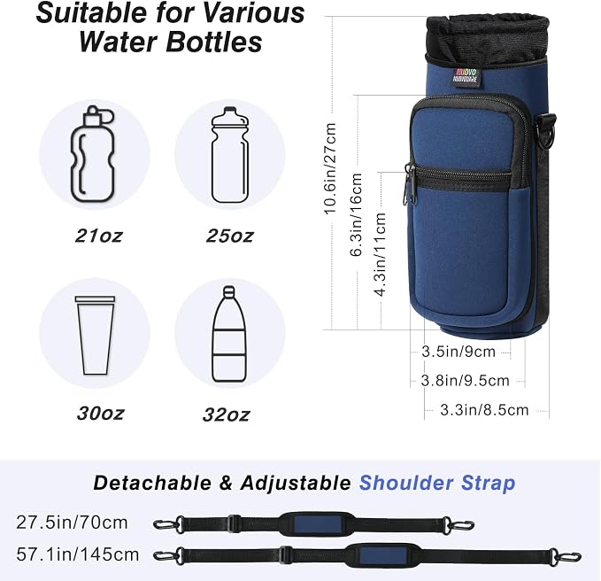 Nuovoware Magnetic Gym Bag, 25oz/32oz, Water Bottle Carrier, Dark Blue | Adjustable Shoulder Strap, 2 Pocket, Sports Sling Neoprene Sleeve, for Hiking Travelling Camping