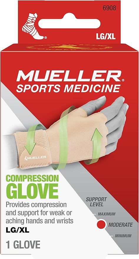 MUELLER Sports Medicine Compression Glove for Men and Women, Hand & Wrist Pain Relief Support, Ideal for Carpal Tunnel, Arthritis, Fits Right or Left, Beige