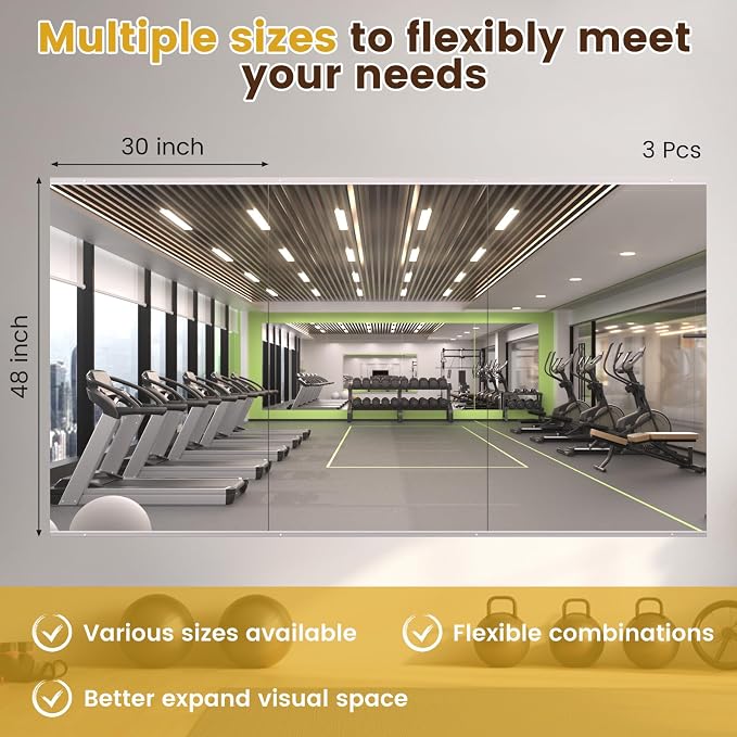 LOAAO Gym Mirror 48"x30", 3 PCS | Flexible Combination, Tempered Glass, For Home Gym, Dance Studio, Yoga Room, Garage Gym, Workout Room