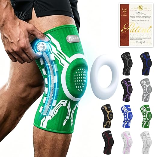 Kuangmi Knob Knee Brace for Pain Relief, Knee Support with Patella Gel Pad & Side Stabilizers, Compression Knee Sleeve for Workout, Arthritis, Joint Pain, Meniscus Tear (Green White,Right,XX-Large,Single)