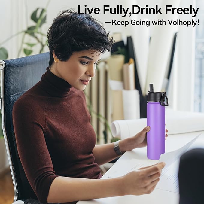 Volhoply 24oz Insulated Water Bottle with Straw Bulk 8 Pack,Metal Wide Mouth Water Bottles with Handle Lid Keep Cold,Reusable Double Wall Cups,Powder Coated Sport Bottle For Holder(Purple,8 Count)
