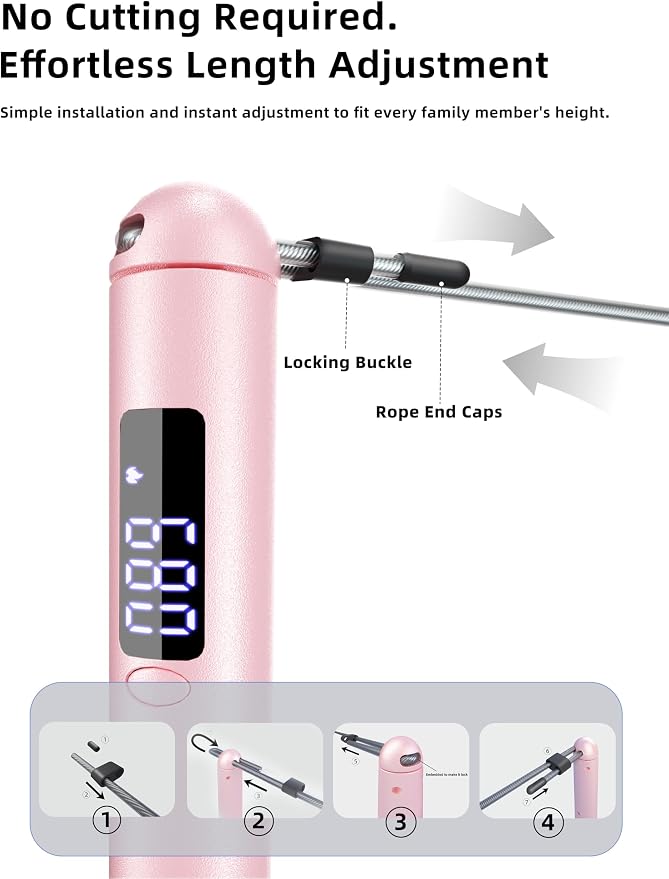 ACHDOFITS Jump Rope with Smart Counter for Adults | Tangle-free Steel Core, 170g. Fits 5'-6'5". 4 Modes: Beginner-HIIT. Rechargeable. For Women & Men. Tracks Calories & Jumps.