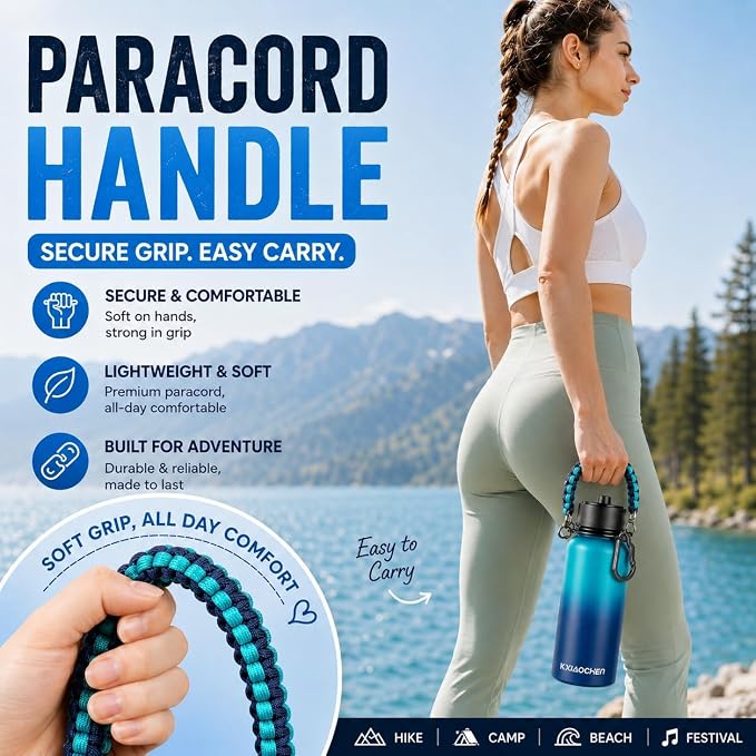 KXIAOCHEN Insulated Water Bottle with Strap, 48-Hour Cold, 2 Lids | Triple-wall insulation, lead-free 18/8 Stainless steel, paracord handle, carabiner clip, for gym, hiking, camping and travel