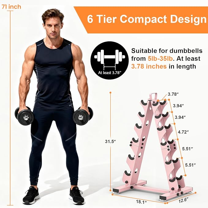 TomCare 6-Tier|5-Tier|4-Tier|2-Tier Dumbbell Rack Stand Only for Home Gym | Stable A-Frame, Fits 5–35 lb Dumbbells, Protective Padded Cradles, Adjustable Feet, Easy-Carry Handle (Stand Only)