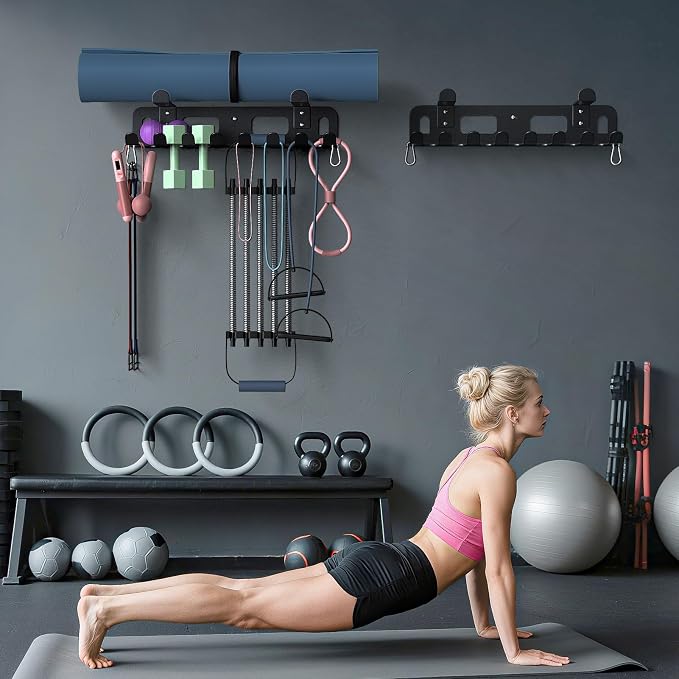KHAMAL Multi-Purpose Gym Equipment Storage Rack for Resistance Bands - Gym Wall Storage for Exercise Bands, Yoga mat, Jump Ropes, Weight Belts, Straps, Hula Hoop (Black White)