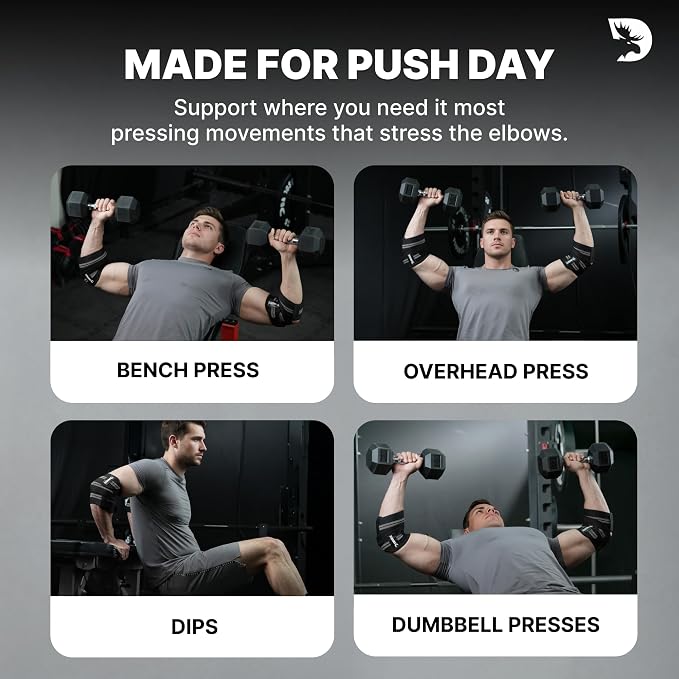 DMoose Fitness Elbow Wraps for Weightlifting (Pair) - 40'' Adjustable Strap for Gym Workout & Bench Press, Compression Elbow Sleeves for Tendonitis, Joint Support, Powerlifting & Deadlifts