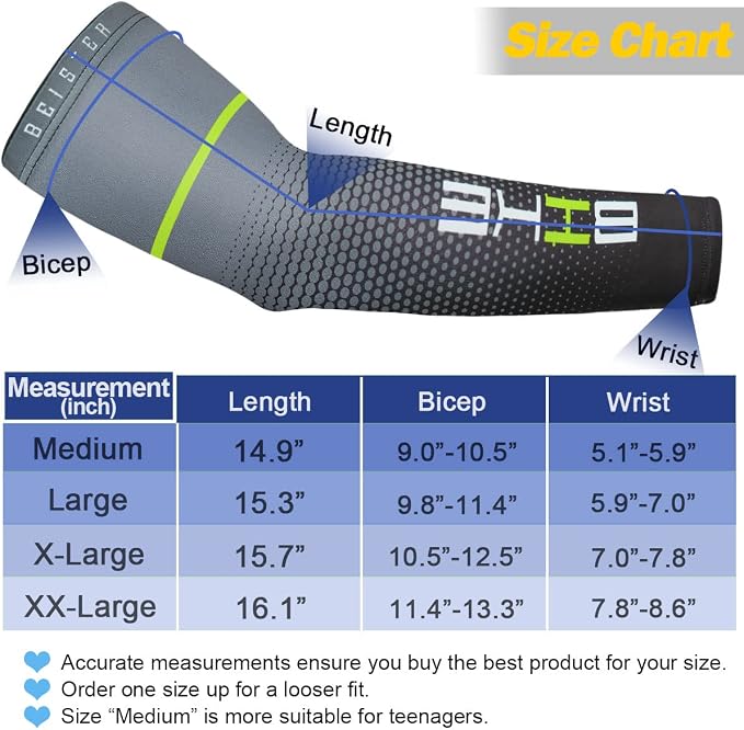 beister Arm Sleeves for Men & Women, UV Protection Cooling Cover and Cyling | Lightweight stretch; sweat-wicking comfort; cycling, volleyball, baseball, driving and gardening; washable tattoo coverage