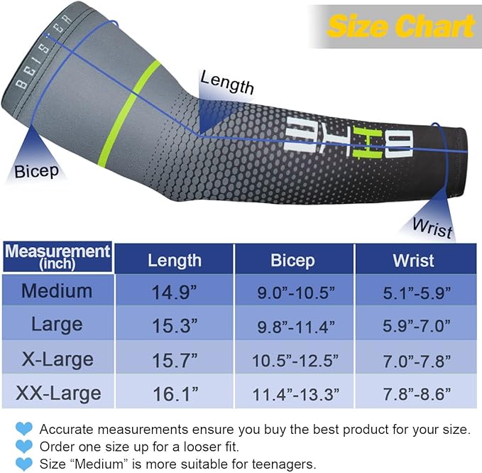 beister Arm Sleeves for Men & Women, UV Protection Cooling Cover and Cyling | Lightweight stretch; sweat-wicking comfort; cycling, volleyball, baseball, driving and gardening; washable tattoo coverage