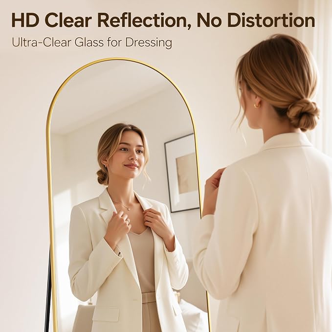Antok Full Length Mirror, 59"x18.1" Floor Mirror with Stand, Hanging Mounted Mirrors for Bedroom, Living Room, Cloakroom, Dining Room, Gold, Arched