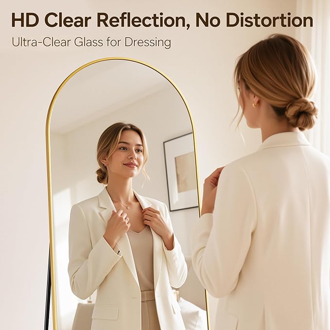 Antok Full Length Mirror, 76"x34" Floor Mirror with Stand, Hanging Mounted Mirrors for Bedroom, Living Room, Cloakroom, Dining Room, Gold, Arched