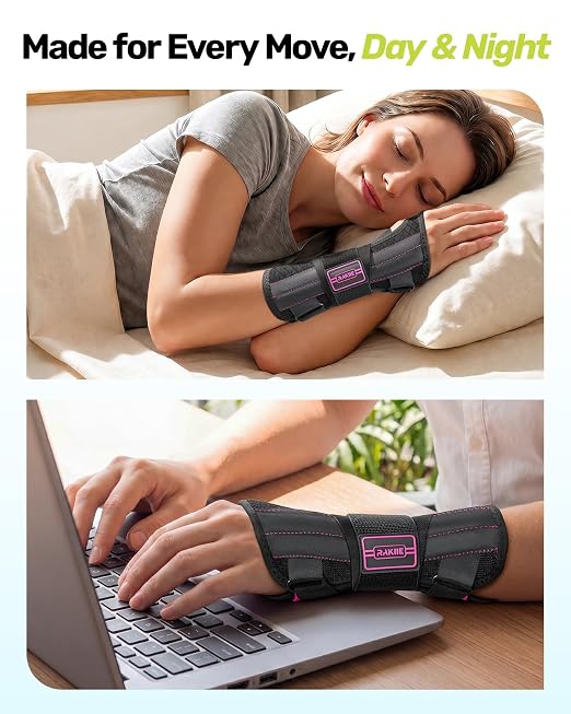 Rakiie Upgraded Carpal Tunnel Wrist Brace, Night Sleeping Support for Arthritis, Sprain & Tendonitis Pain Relief, Flexible 3-Bar Support, Breathable Hand Splint for Typing, Work & Housework, Fit for Men & Women(Pink, Small, Left Hand)
