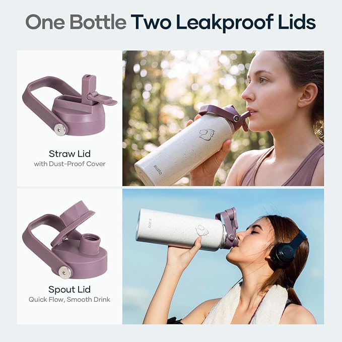 BUZIO 40 oz Insulated Water Bottle, Triple Wall Vacuum Stainless Steel Water Flask with 2 lids, Lead-Free BPA-Free Straw Lid Sports Canteen Jug, Cold 48H & Hot 24H, Starry Violet