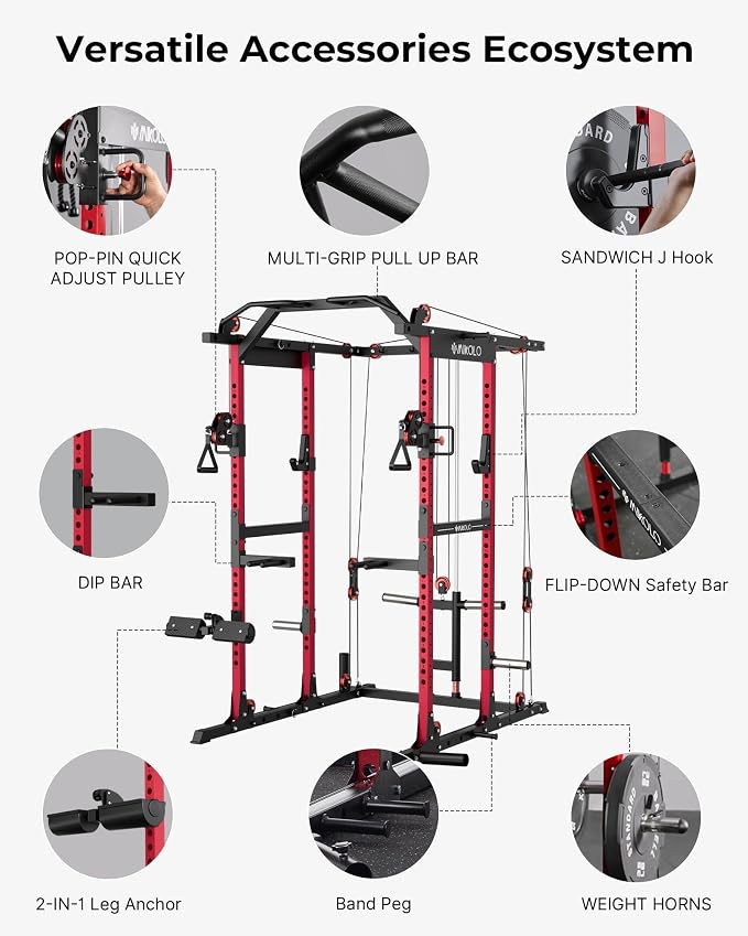 Mikolo K6 2.0 Power Cage, Power Rack with Cable Crossover System, 2000LBS Squat Rack with LAT Pull Down System, Functional Trainer with Aluminum Pulley System for Home Gym