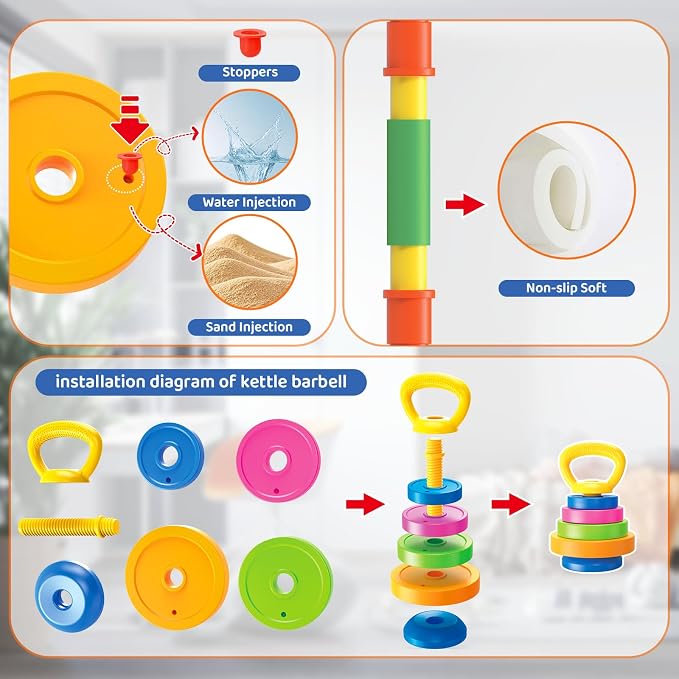 6-in-1 Kids Weight Set, Kid exercise equipment, Kids Workout Equipment Toys | Adjustable Kids Barbell, Dumbbell, Kettlebell, Push-Up ,Ring. Fitness Play Gym Toys Set Gift Small Weights for Kids Boy Girl