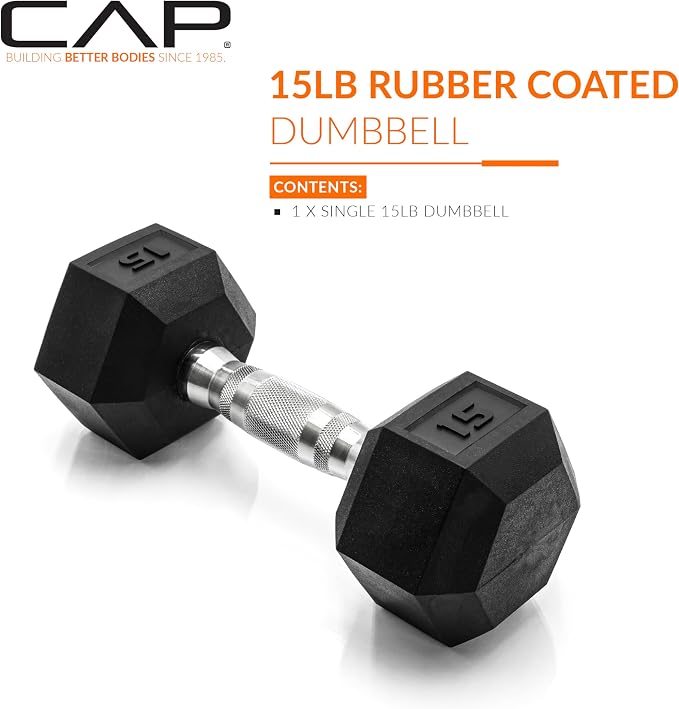 CAP Rubber Coated Dumbbell Weights, Free Weights for Home Gym Strength Training, Anti-Roll Hex Dumbbells with Black, Chrome & Comfort Grip Handles, Singles