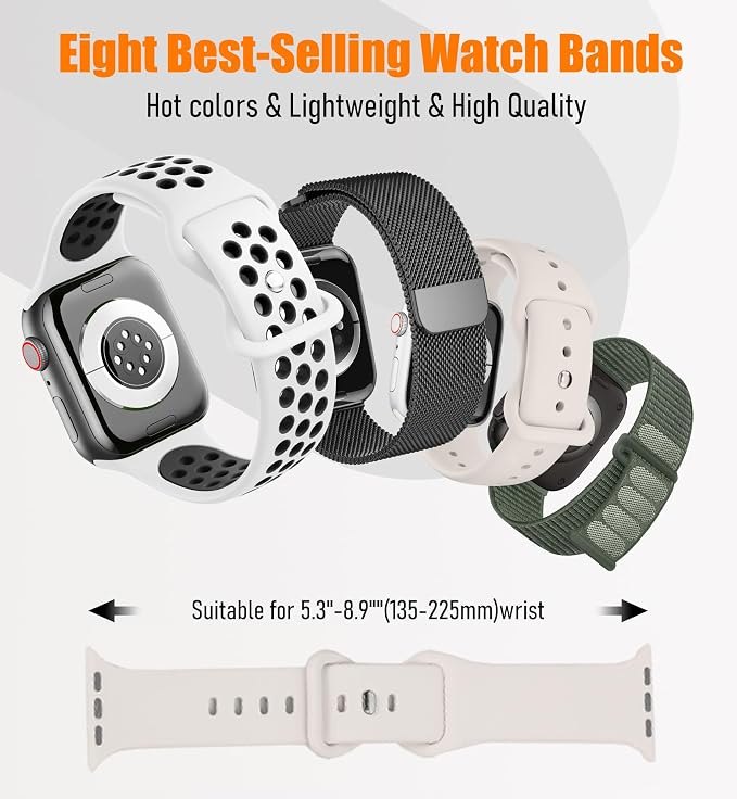 8 Pack Compatible with Apple Watch Band 42mm 40mm 41mm 38mm for Women Men,Breathable Sport+Milanese Loop+Nylon Sport loop Band for iWatch Series 11/10/9/8/7/6/5/4/3,SE 3 2 1