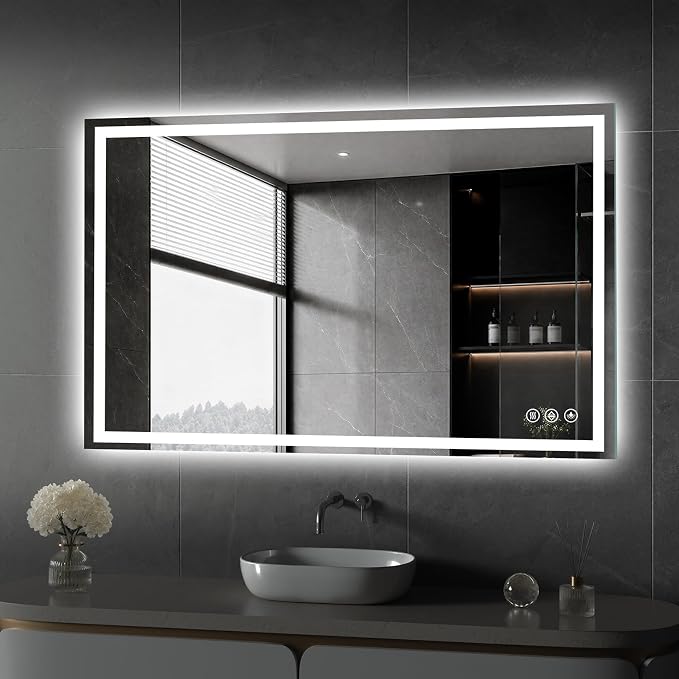 Koonmi 50x30 LED Bathroom Mirror with Light, Anti-Fog, 3 Colors | Backlit + Front Lit, Dimmable Brightness, Shatterproof HD Distortion-Free Tempered Glass, Hardware Included