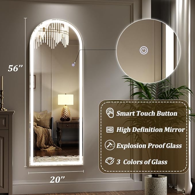 LED Arched Full Length Mirror with 3 Color Lighting 63"x20" | Floor Mirror with Dimming Aluminum Frame Standing Leaning or Hanging for Bedroom Cloakroom White