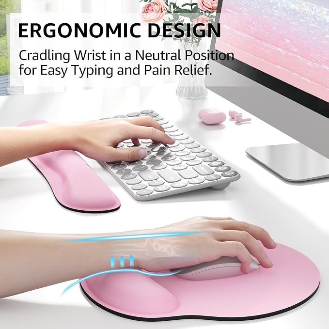 KTRIO Keyboard Wrist Rest & Mouse Pad with Wrist Rest, Pale Pink | Memory Foam Wrist Support, Ergonomic Design, Non-Slip Base, Office and Home Use