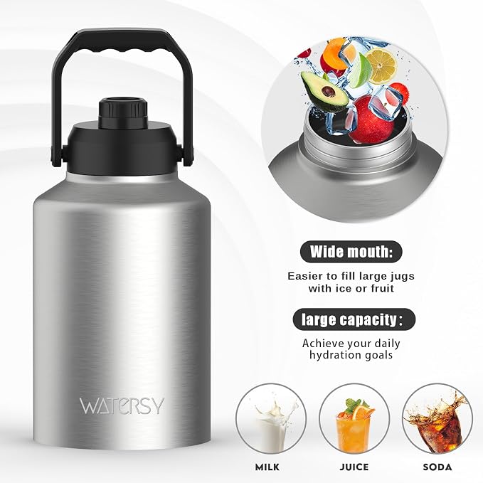 WATERSY Half Gallon Water Bottle Insulated(Cold for 48 Hrs),BPA Free&Leak Proof,64oz Stainless Steel Water Jug/Flask,Big thermo,Large Water Bottle with Handle for Gym,Hiking,Camping,Stainless