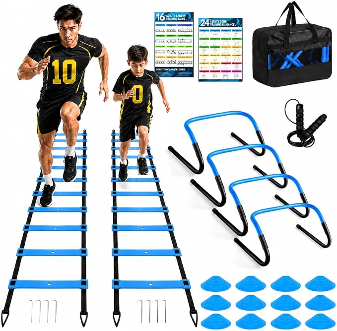 BORNEW 2 Pack Agility Ladder, Soccer Speed Training Equipment Set with Total 26 ft Agility Ladder, 12 Cones, 4 Adjustable Hurdles, Jump Rope, for Soccer, Basketball, Football, Kids, Youth, Adults