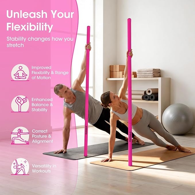 Yoga Stick, Upgraded 5ft Sturdy Steel Mobility Stick, Adjustable Exercise Equipment for Stretching, Flexibility & Balance, Physical Therapy & Posture Correction, Shoulder & Back Relaxation
