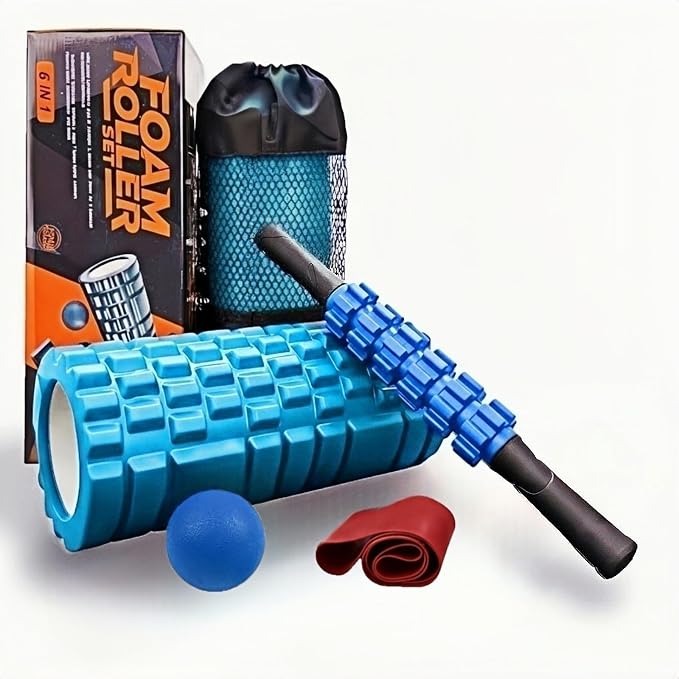 Aucuu 5 in 1 Foam Roller Set Includes Hollow Core Massage Roller, Yoga Stick, Massage Ball, Fitness Stretching Strap, Massage Roller, Carrying Bag, Towel (Blue)