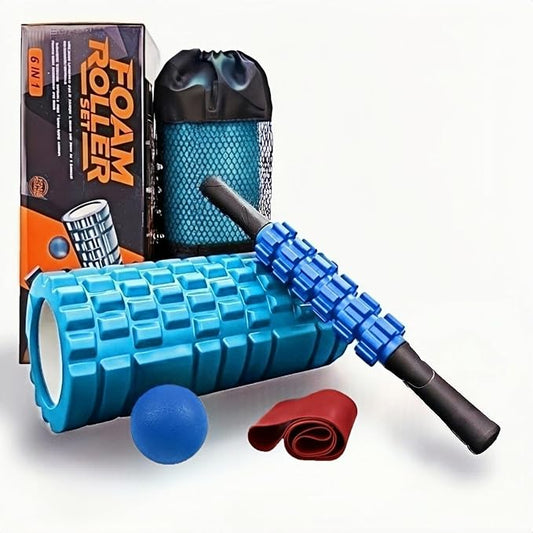 Aucuu 5 in 1 Foam Roller Set Includes Hollow Core Massage Roller, Yoga Stick, Massage Ball, Fitness Stretching Strap, Massage Roller, Carrying Bag, Towel (Blue)
