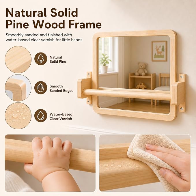 Ogears Montessori Baby Pull Up Bar, Montessori Small Mirror is Suitable for Babies Aged 6 to 18 Months, Infants Registry Item, 19.7 * 15.8 inches