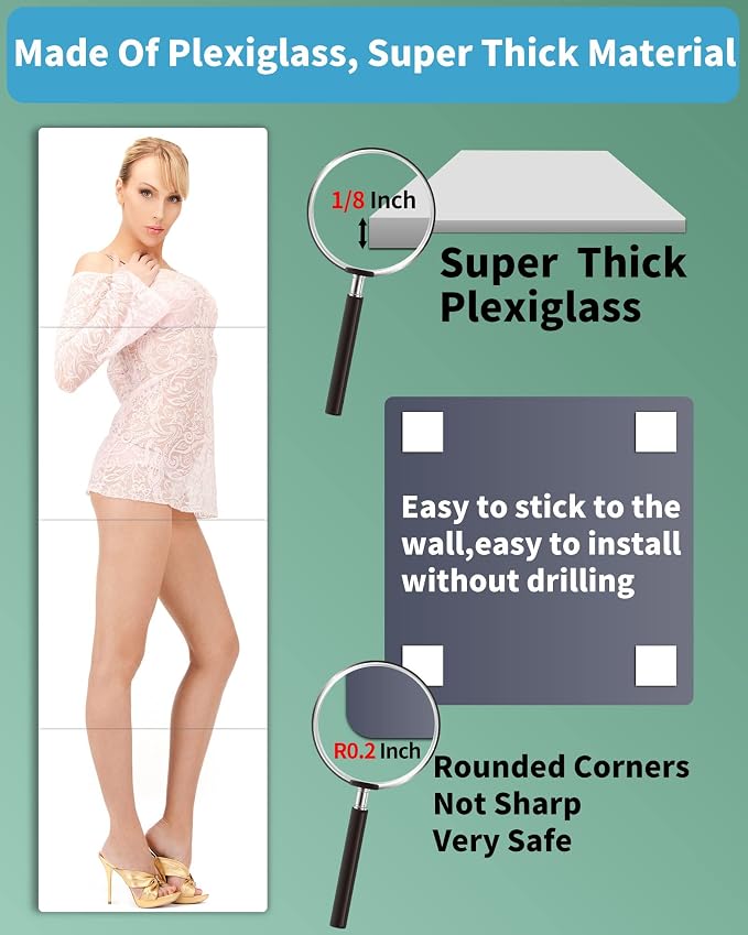 Unbreakable Full Length Wall Mirror Tiles, 4 PCS x 14 x 14 in, Over The Door Mirror, Full Body Mirrors for Kids, Made of Shatterproof Plastic Acrylic, Long Bedroom Closet Workout Mirrors for Home Gym