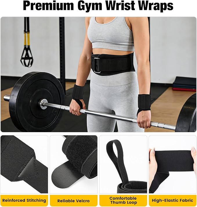 Weightlifting Belt & Wrist Wraps Combo - Auto-Lock Weight Lifting Belt 6.5" Back Support with 0.4" Foam, Adjustable Wrist Wraps for Weightlifting - for Men & Women Beginners & Pros