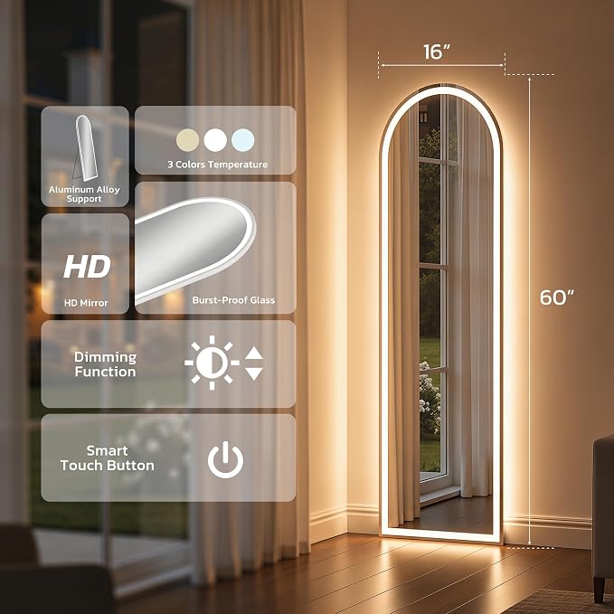 Full Length Mirror with LED Lights, 60"x16"Floor Mirror with Dimming & 3 Color Lighting, Free Standing Floor Mirrors, Lighted Full Body Mirrors for Bedroom, Dressing Room, Cloakroom